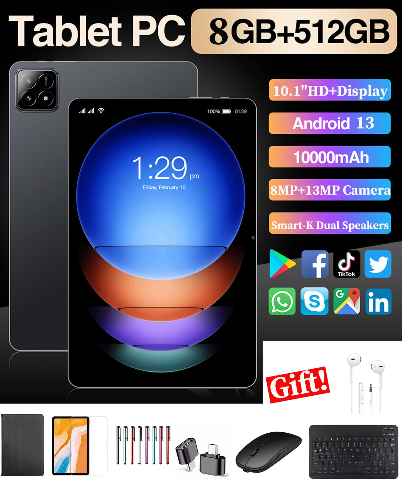 Android Tablet 10 Inch 10 Core Mini Tablets For Adults Gaming Tablet Computer Tablets With 8GB Ram+512GB Rom, 8000mAh, Front And Rear Cameras, Supports SIM Card Call Digital Notepad College Supplies