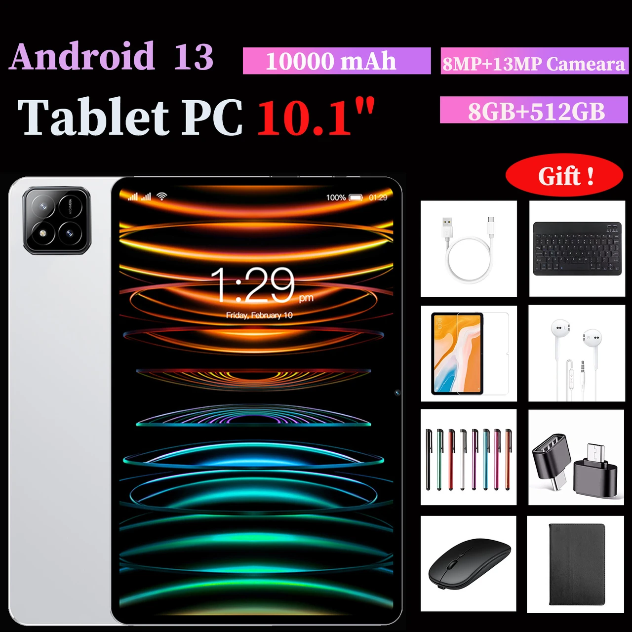 Android Tablet 10 Inch 10 Core Mini Tablets For Adults Gaming Tablet Computer Tablets With 8GB Ram+512GB Rom, 8000mAh, Front And Rear Cameras, Supports SIM Card Call Digital Notepad College Supplies