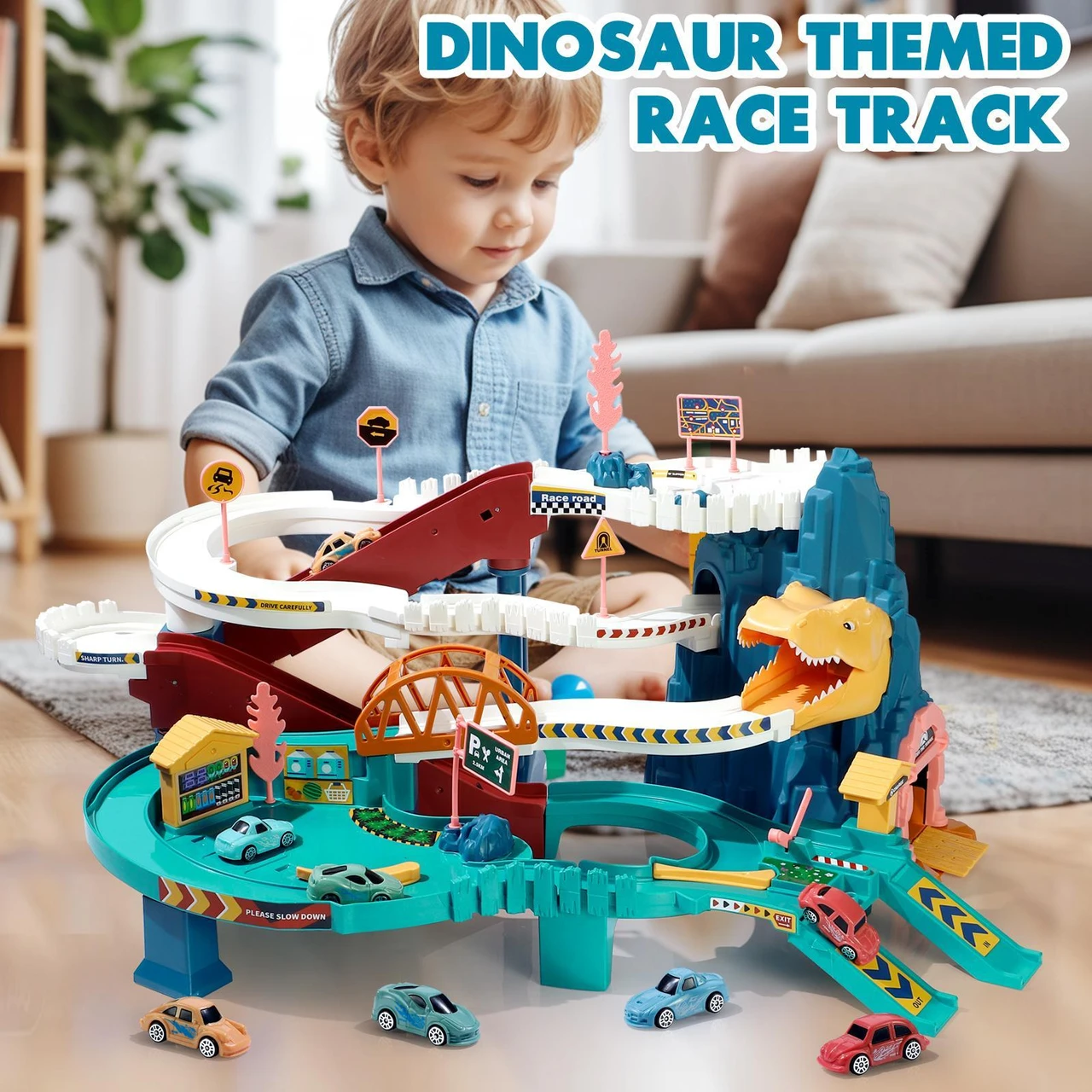 King Size Dinosaur Race Track Playset Toys for Kids Car Ramp Track Toys Adventure Car Garage Parking Toy Construction Racers Loop Vibrant