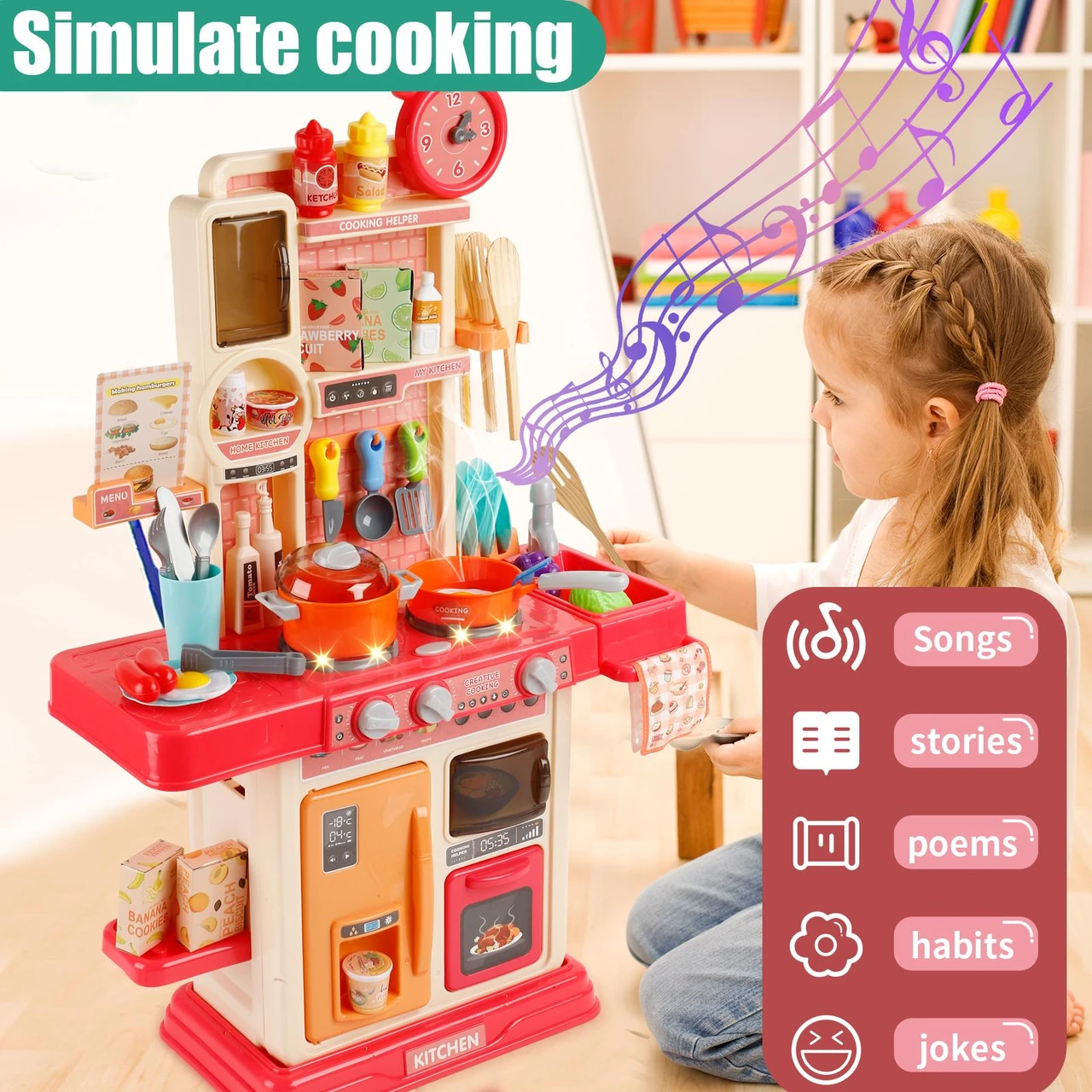 King Size Pretend Play Kitchen Toys for Kids - 45PCS with Cooking Stove, Steam, Play Sink, Sound & Light Effects, Realistic Kitchen Accessories