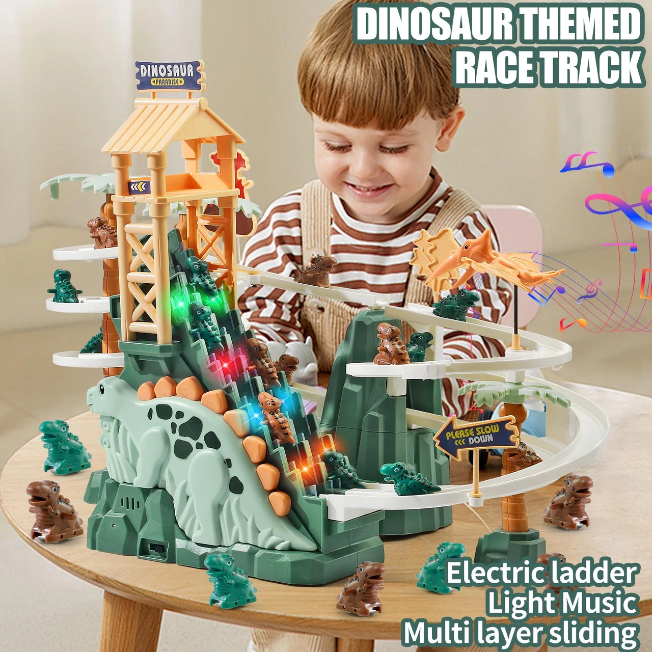 Dinosaur Climbing Slide Toy with Interactive Race Track, Double Loop Track, Lights & Music, 20 Mini Dinosaur Cars,Stair Climbing Toy for Kids