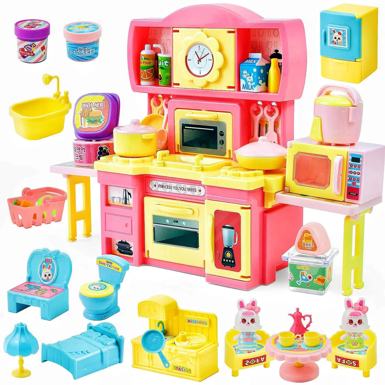 45 PCS Mini Play Kitchen Set, Toddler Kitchen Playset Pretend Kitchen Toy for Kids Girls with Cooking Stove, Play Sink, Play Food