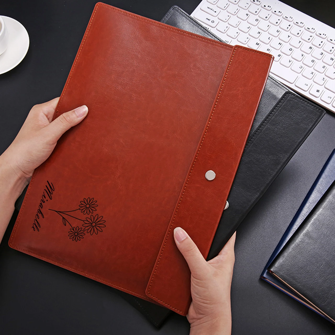 For DIY Personalized PU Leather A4 Document Bag for Office Use