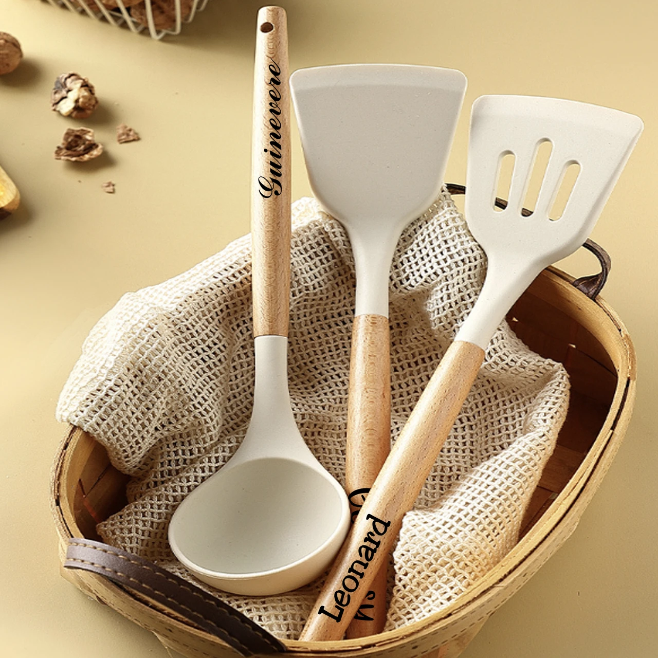 For DIY Custom Silicone Cooking Utensils Set with Beech Wood Handle 3Pcs