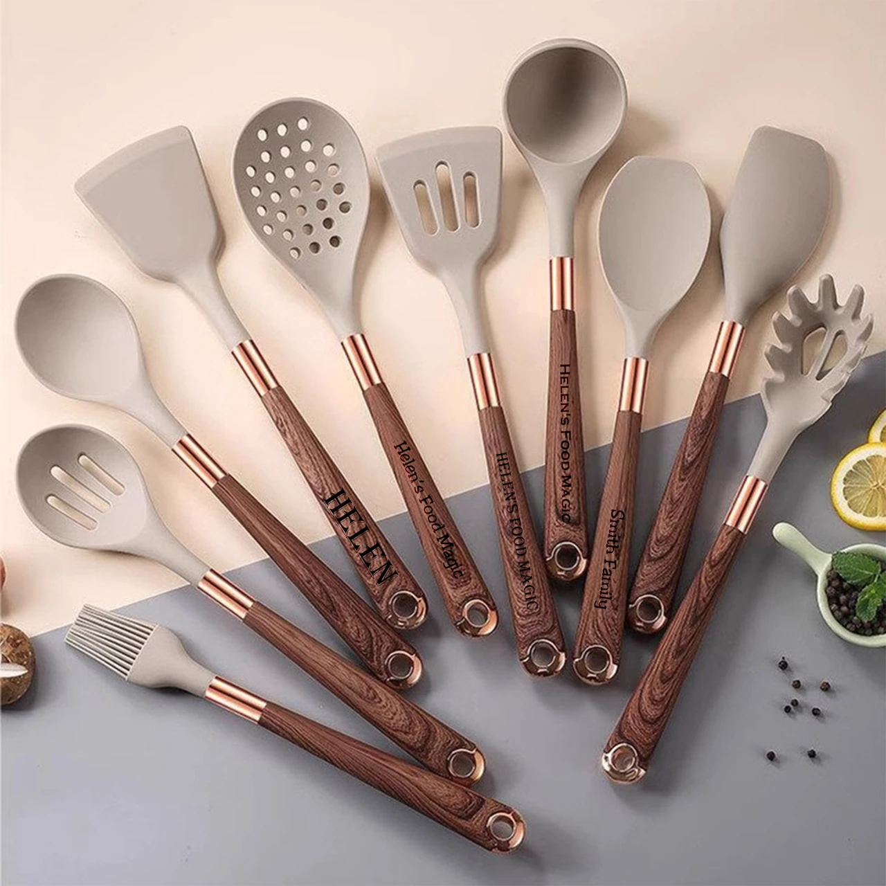 For DIY Custom 11PCS Silicone Kitchen Utensil Set with Wood Grain Handle