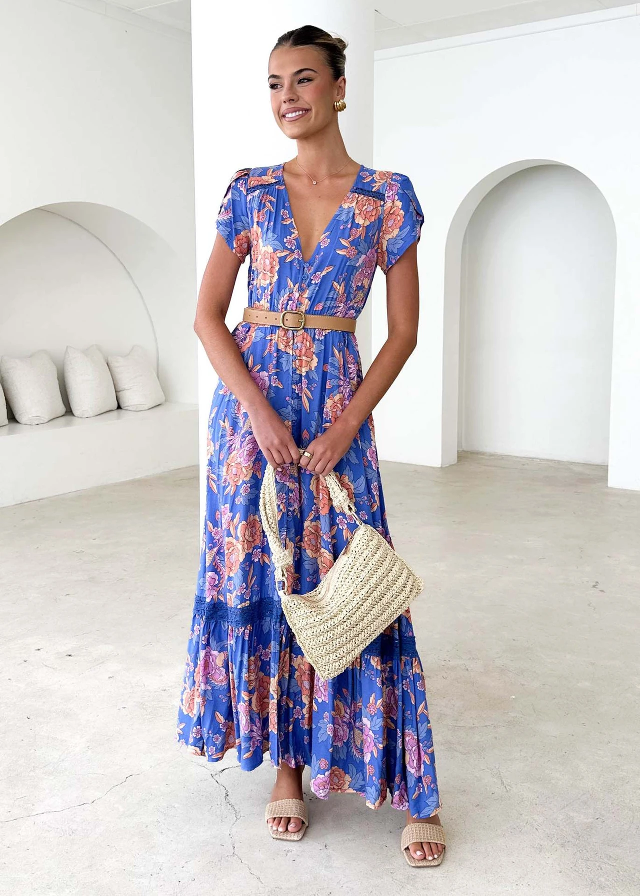 blue V-neck printed vacation Maxi Dress