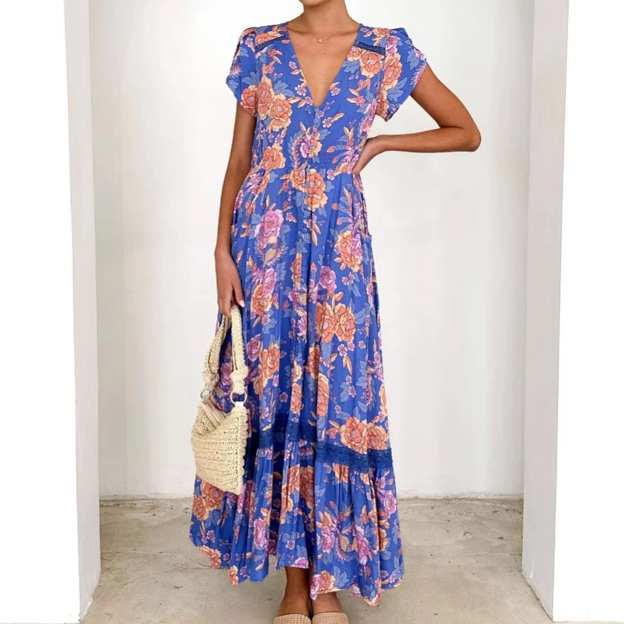 blue V-neck printed vacation Maxi Dress