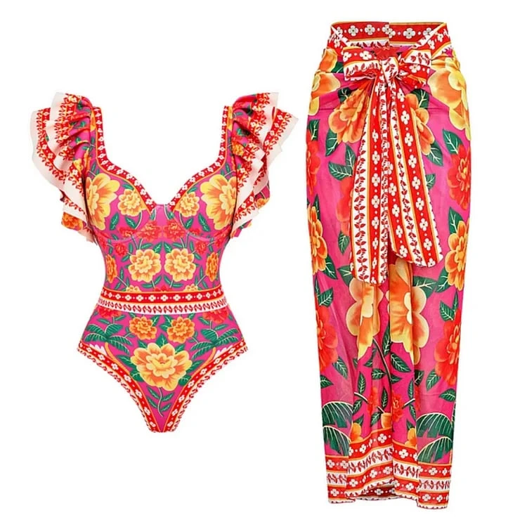 Ruffled Contrast Print One Piece  Swimsuit Set