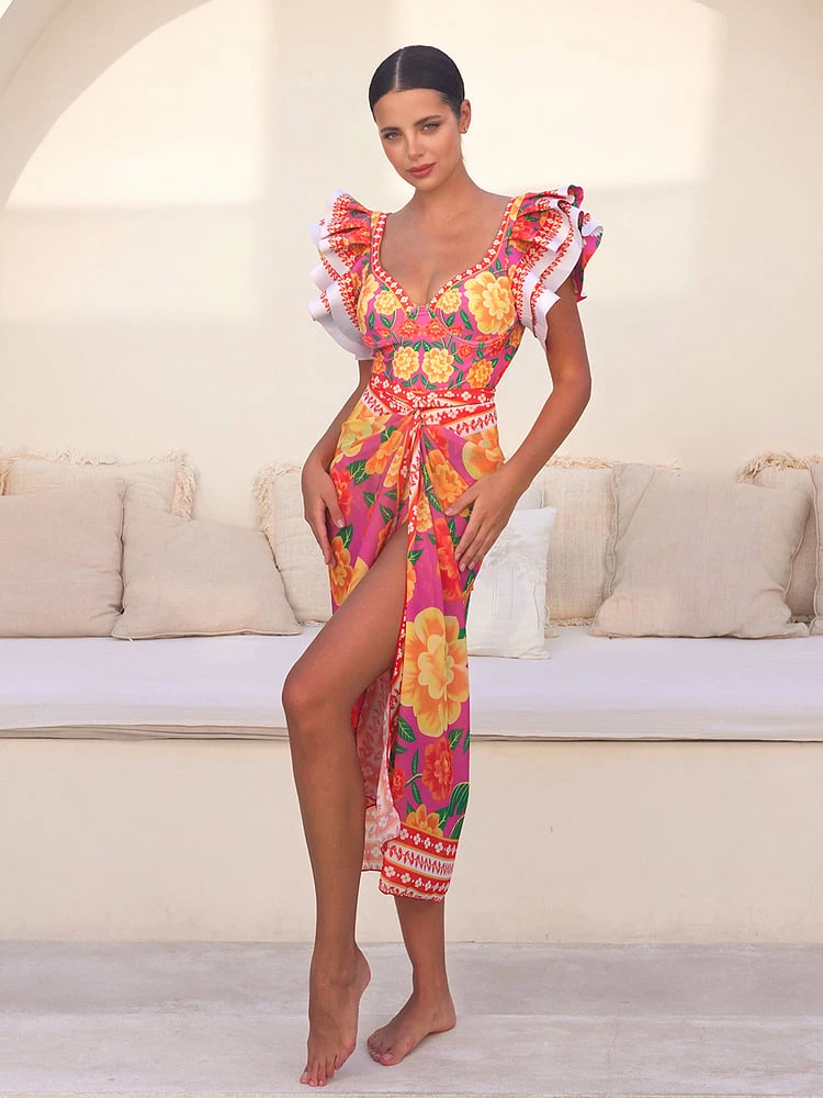 Ruffled Contrast Print One Piece  Swimsuit Set