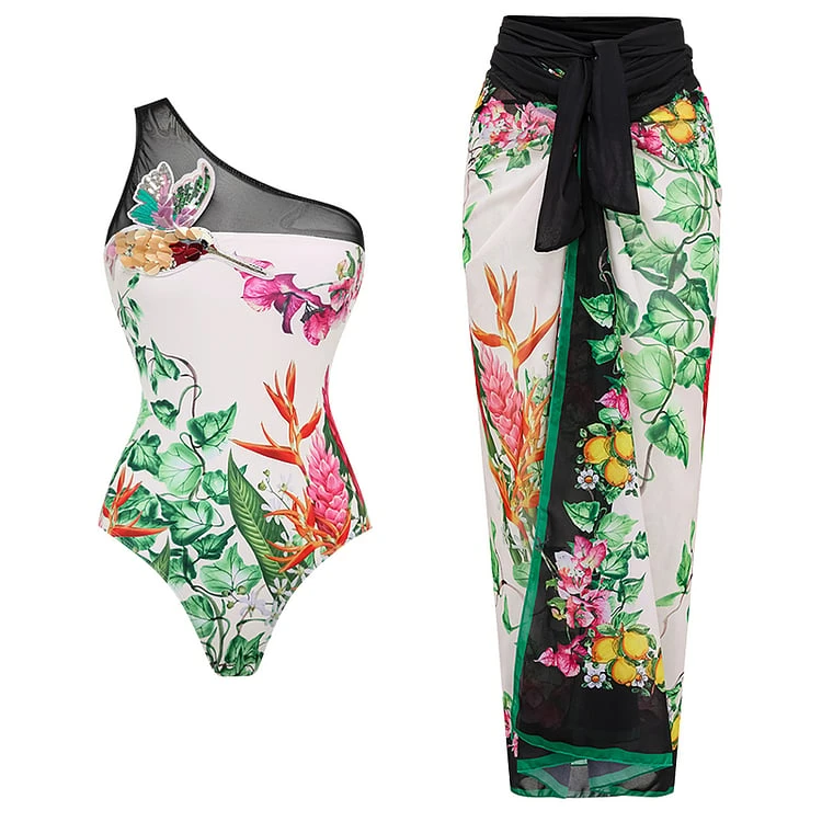 Sequin Embroidered Bird  One Piece and Sarong Swimsuit Set
