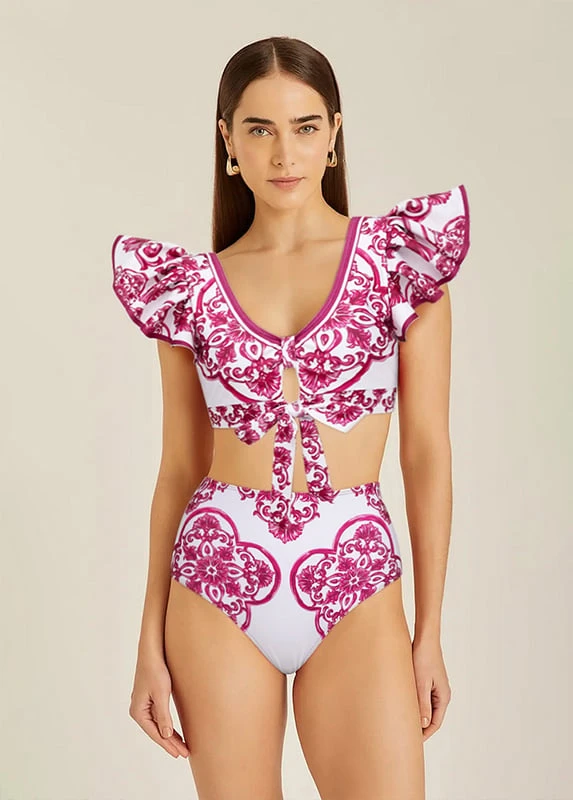 Ruffle Classic Majolica Series Pattern Print Bikini Swimsuit Set