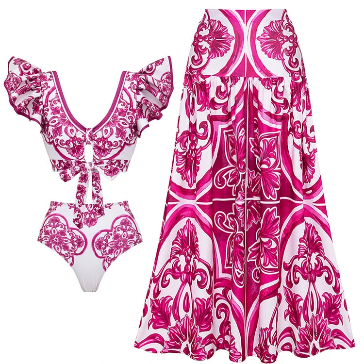 Ruffle Classic Majolica Series Pattern Print Bikini Swimsuit Set