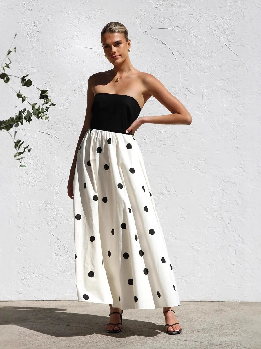 Dbvacay  Polka Dot Print Strapless Maxi Dress