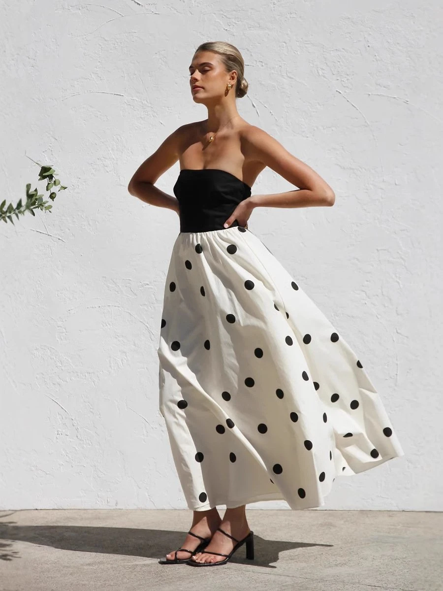 Dbvacay  Polka Dot Print Strapless Maxi Dress