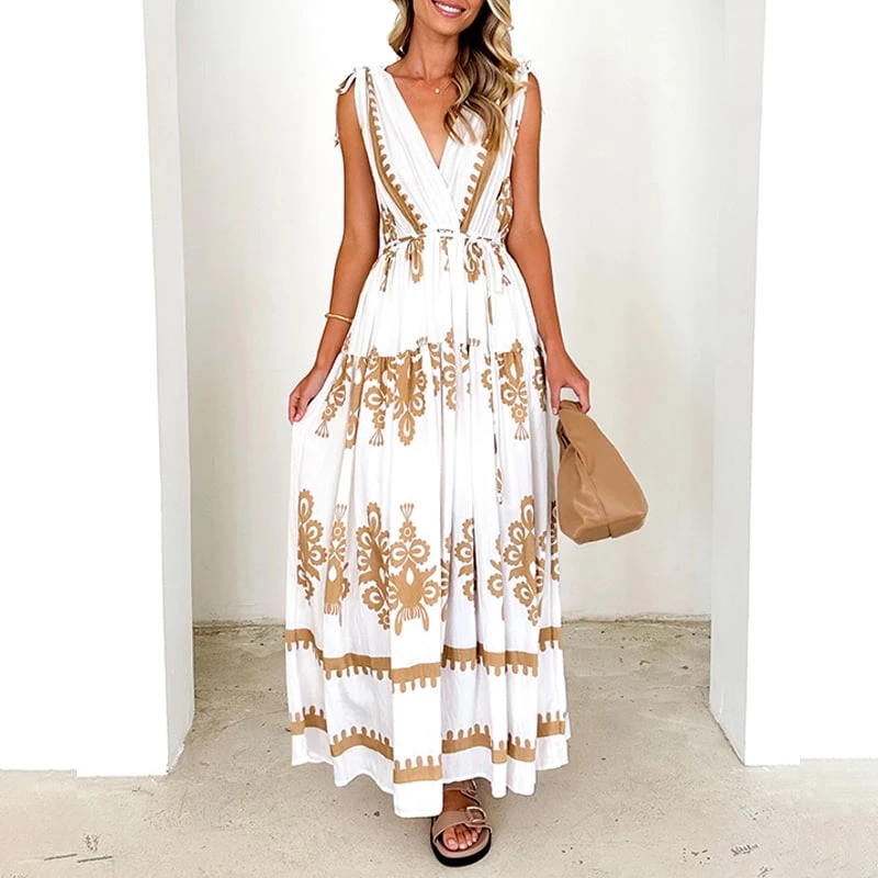 Dbvacay  Printed V-neck vacation Maxi Dress