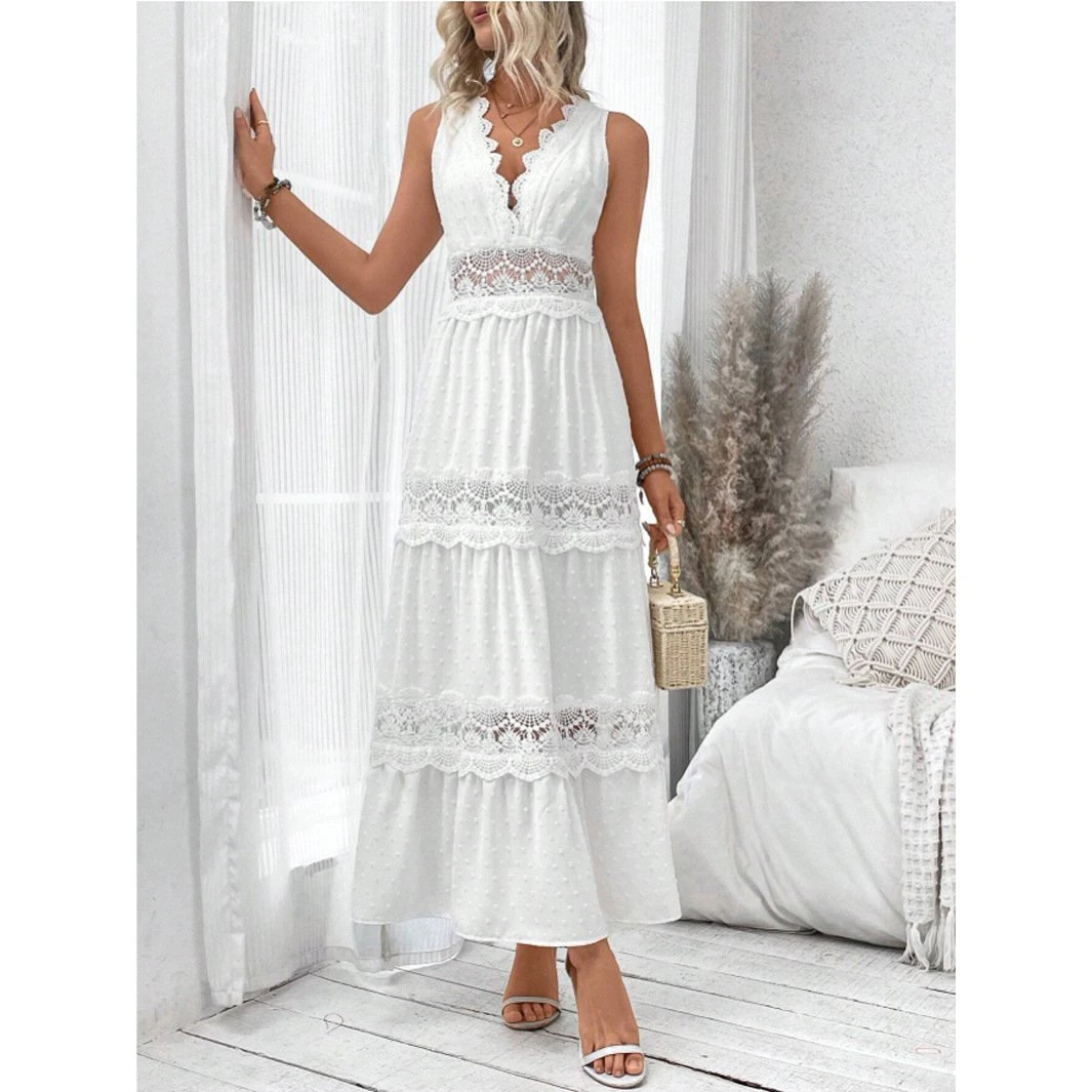 Dbvacay  V Neck Lace Splicing Maxi Dress