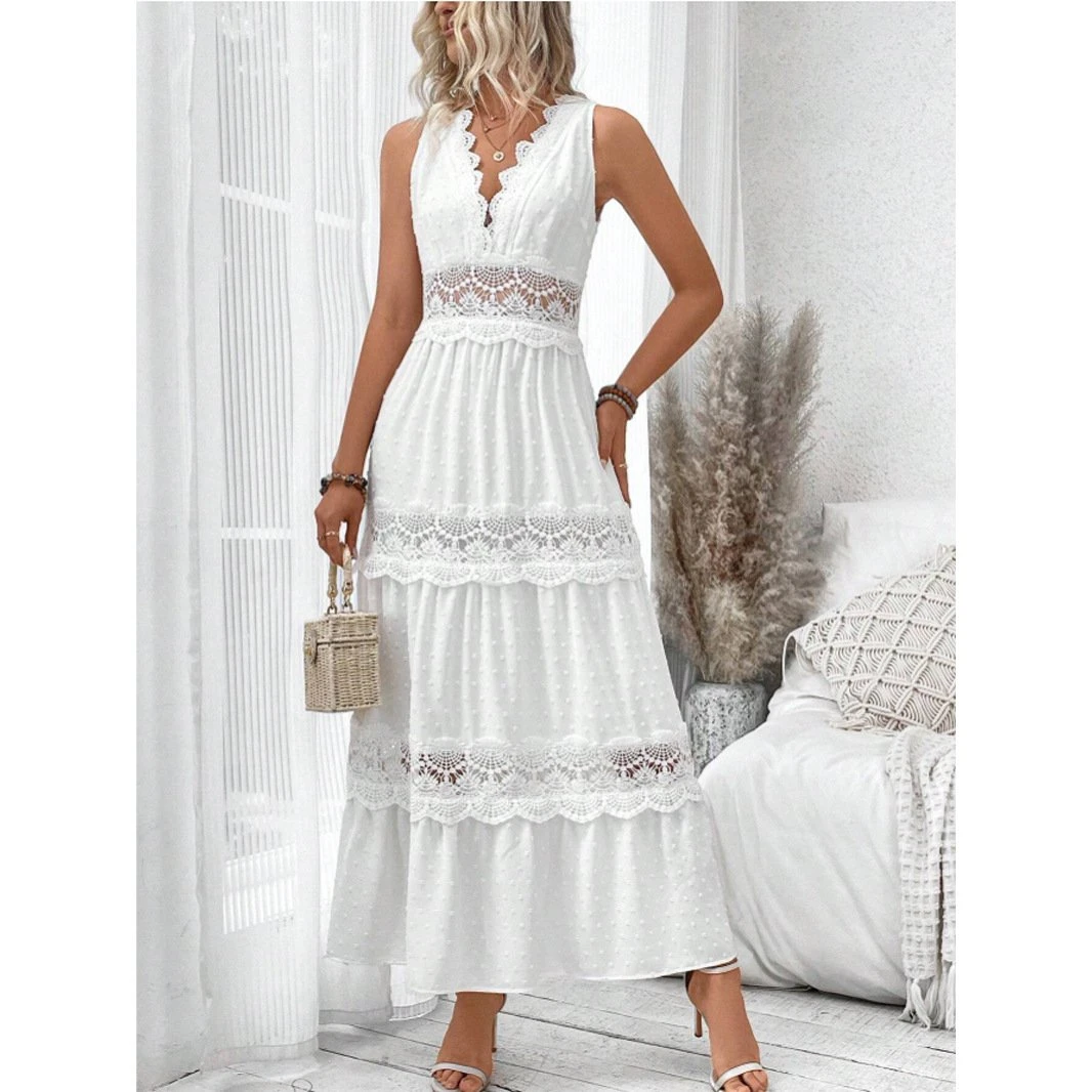 Dbvacay  V Neck Lace Splicing Maxi Dress