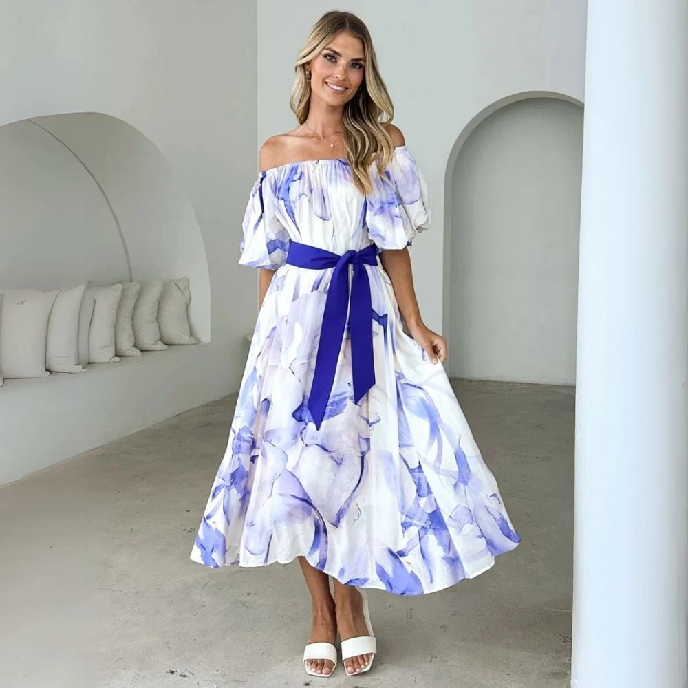 Dbvacay  One-shoulder Bubble Sleeve Printed Maxi Dress