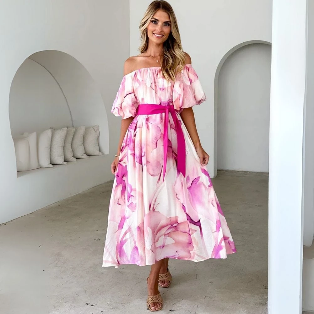 Dbvacay  One-shoulder Bubble Sleeve Printed Maxi Dress