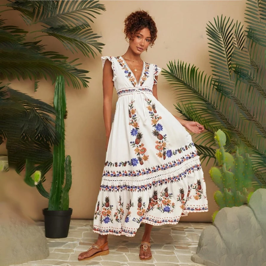 Dbvacay  V Neck Print Ruffle Maxi Dress