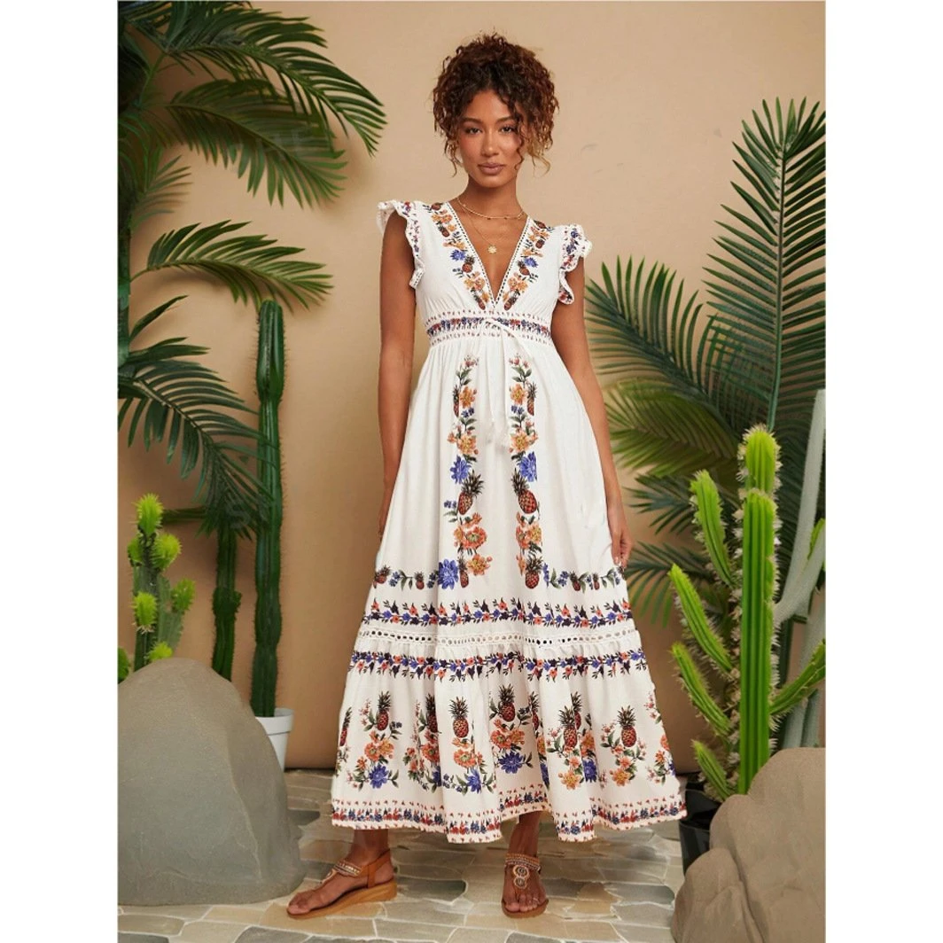 Dbvacay  V Neck Print Ruffle Maxi Dress
