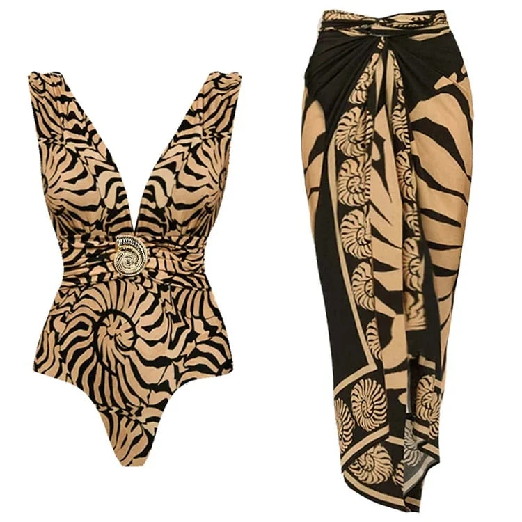 V Neck Marine Thread One Piece  Swimsuit Set