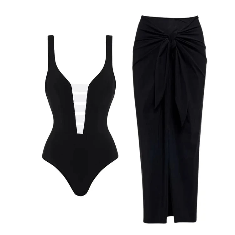 Hollowout Black One Piece Swimsuit Set