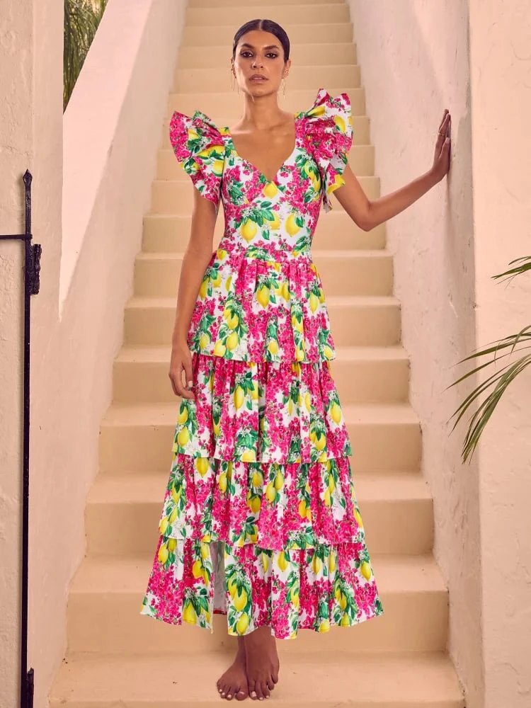 Ruffled Lemon Floral Print One Piece Swimsuit Set