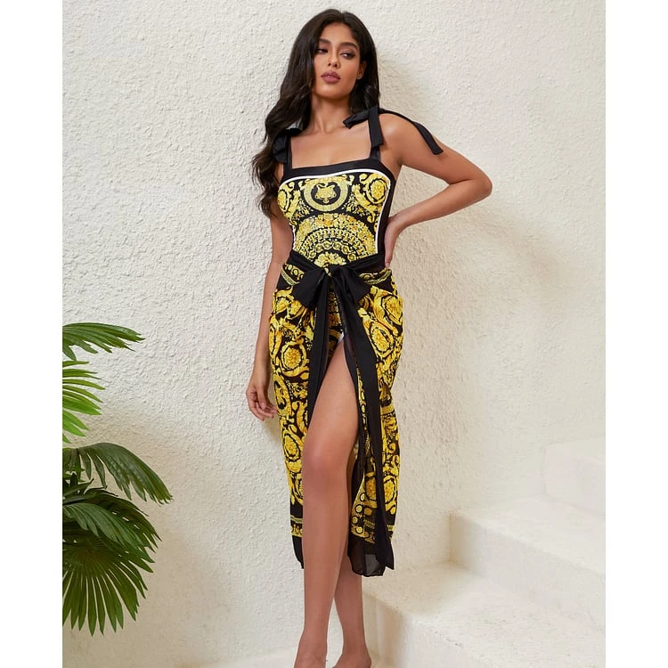 Reversible Tie-shoulder One Piece Swimsuit Set