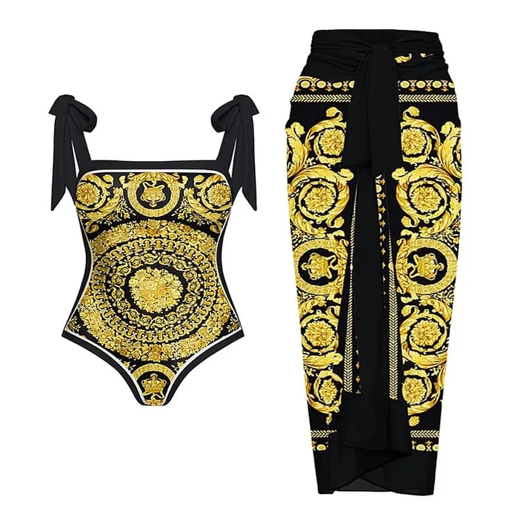 Reversible Tie-shoulder One Piece Swimsuit Set