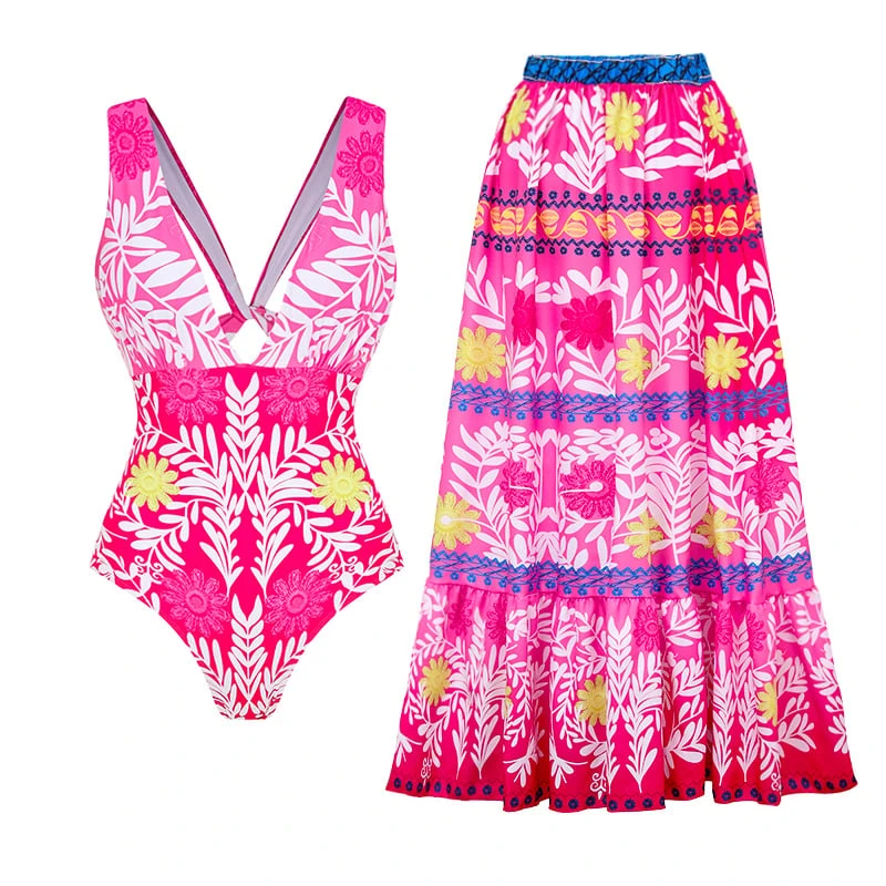printed V Neck One Piece Swimsuit Set