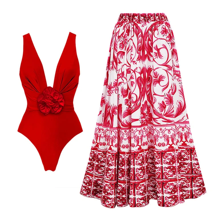 3D Flower Onepiece Skirt Swimsuit Set