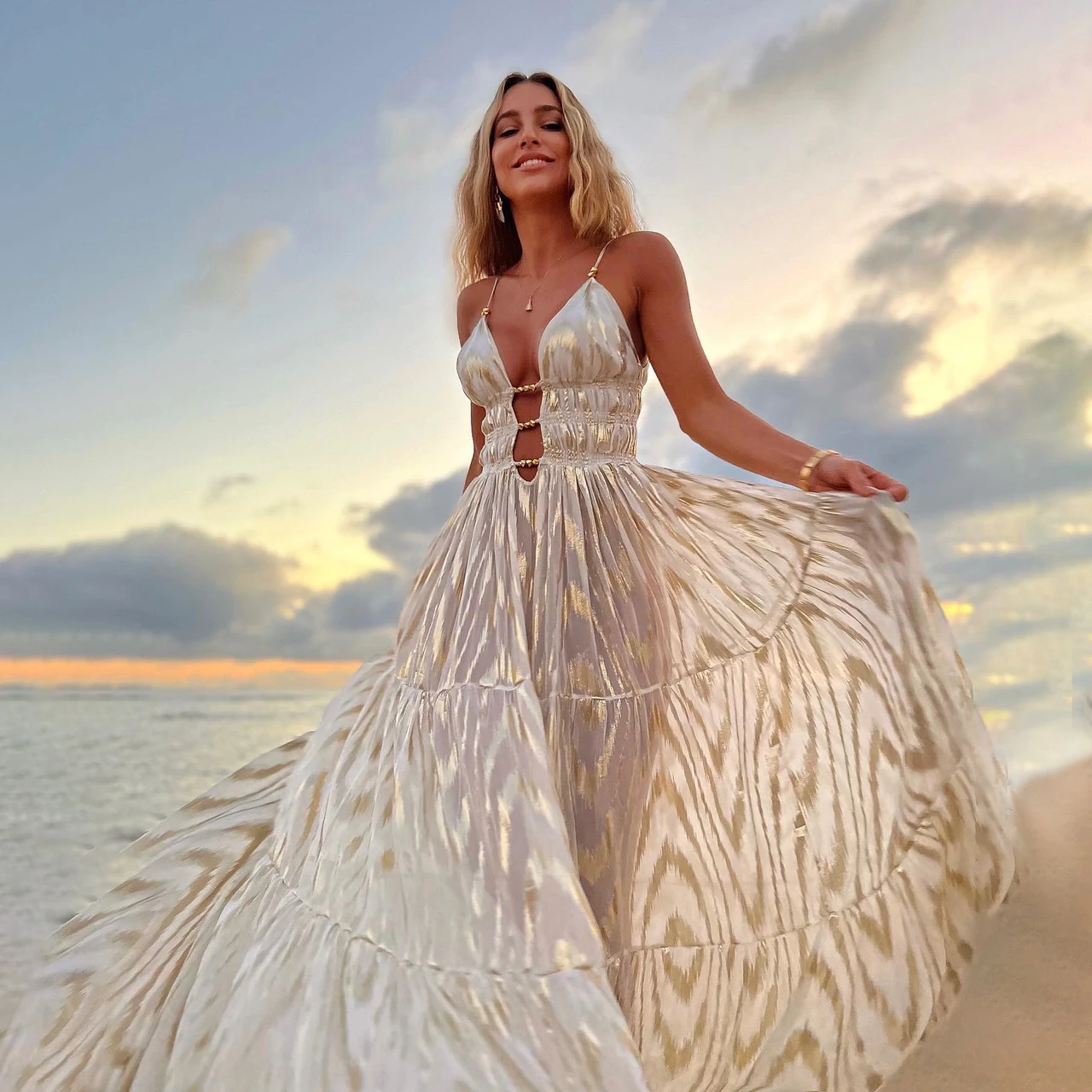 Dbvacay  Dbvacay Hollowout Gold Print Maxi Dress