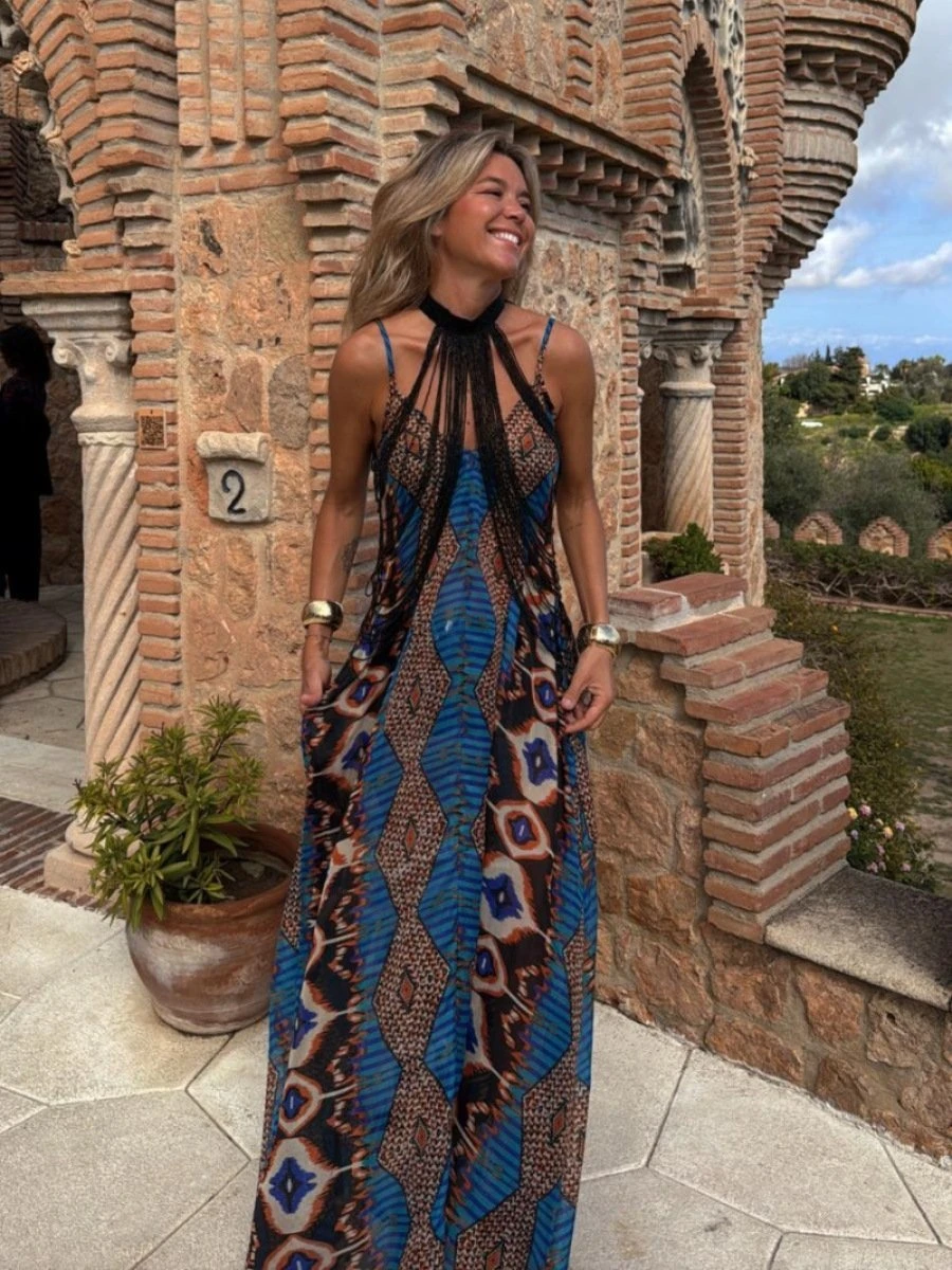 Dbvacay  Bohemian Printed Halter Pendant Hem Maxi Dress