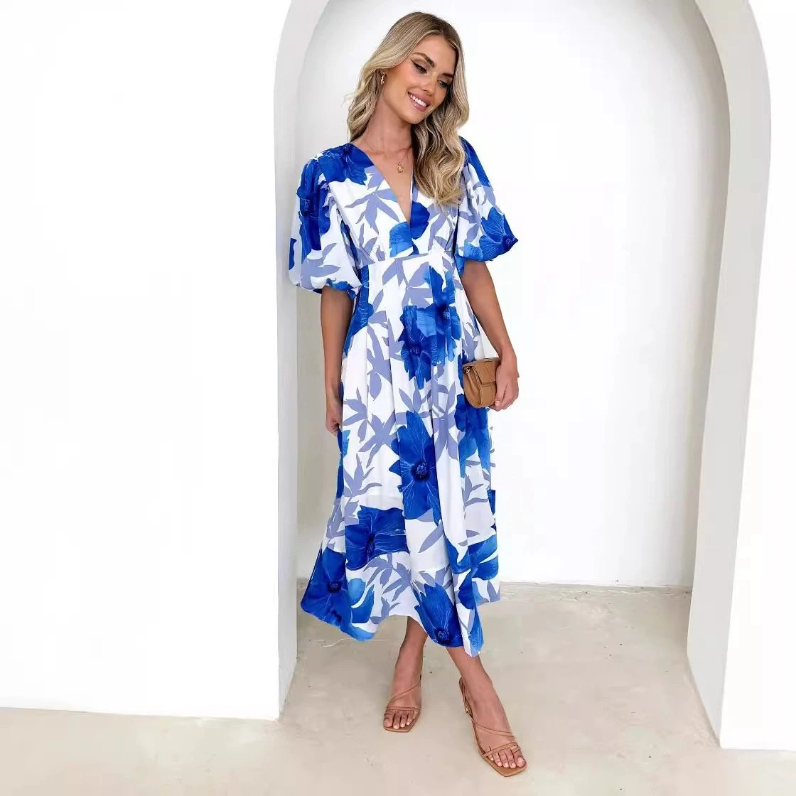 Dbvacay  Vacation Printed Bubble Sleeve A-line Maxi Dress