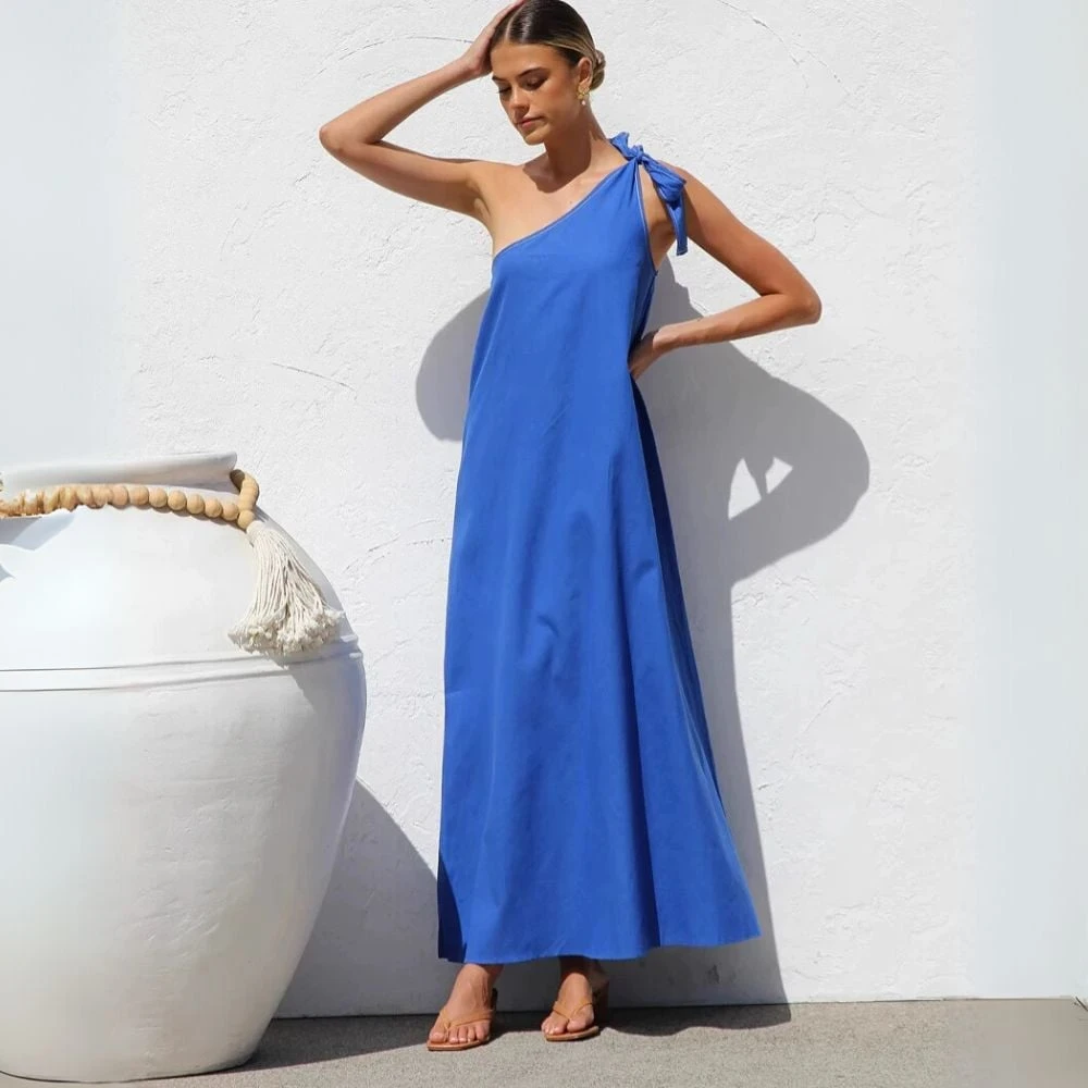 Dbvacay  Slant Shoulder Tie  A-Swing Maxi Dress
