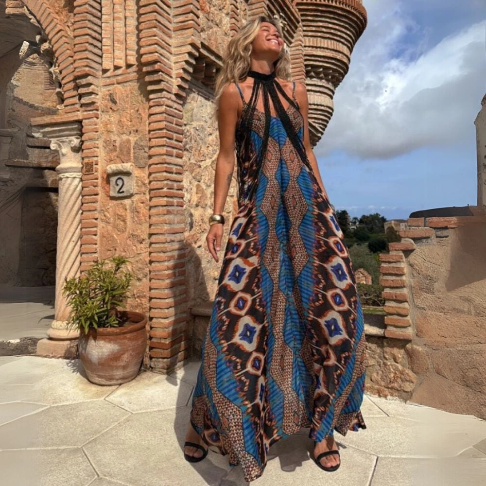 Dbvacay  Bohemian Printed Halter Pendant Hem Maxi Dress