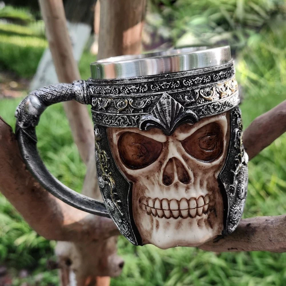 Men's Skull Beer Cup Mug Double layer Stainless Steel Drinking Glass