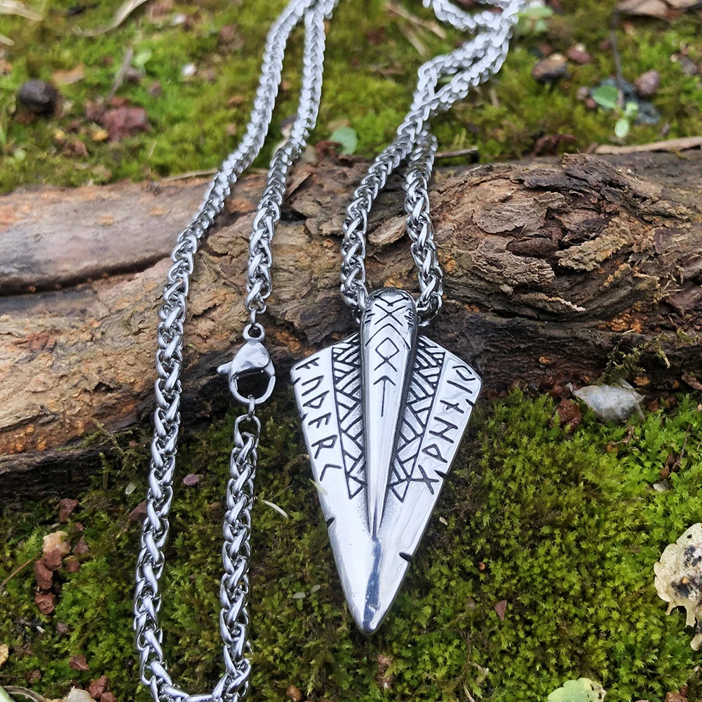 Men's Talk Viking Rune Stainless Steel Arrow Double sided Pendant Long Chain Personalized