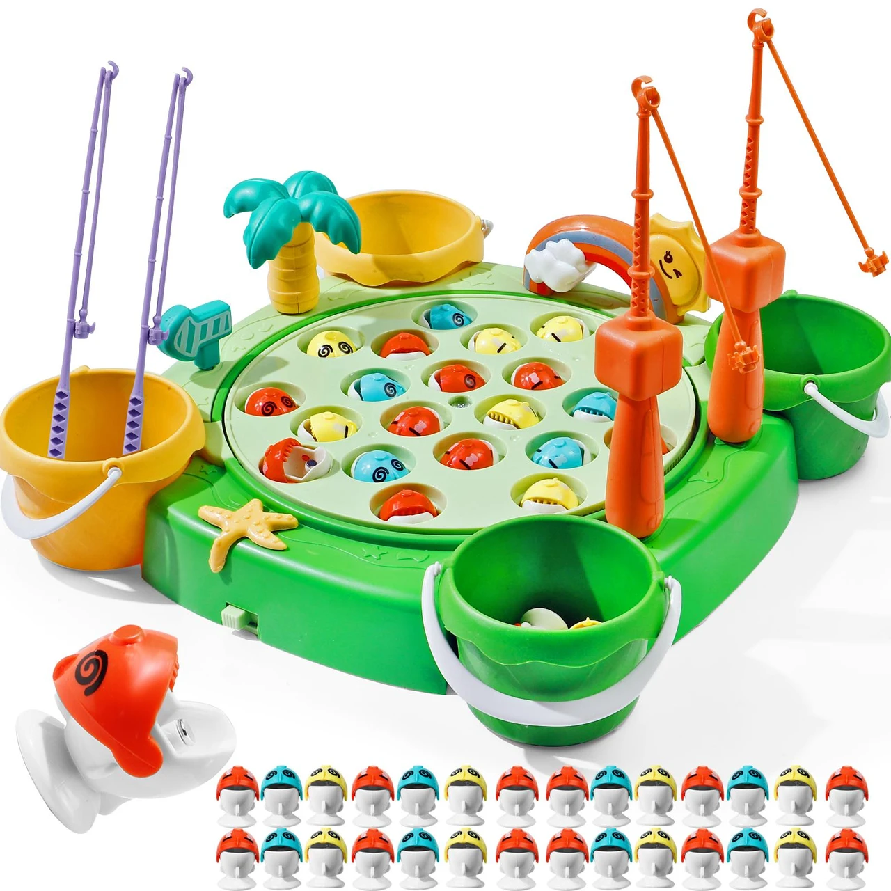 Fishing Game Toy for Kids - 28 Fish, 4 Rods, 4 Buckets, Rotating Board with Music, Educational Fine Motor Skills Fishing Toy for Toddlers