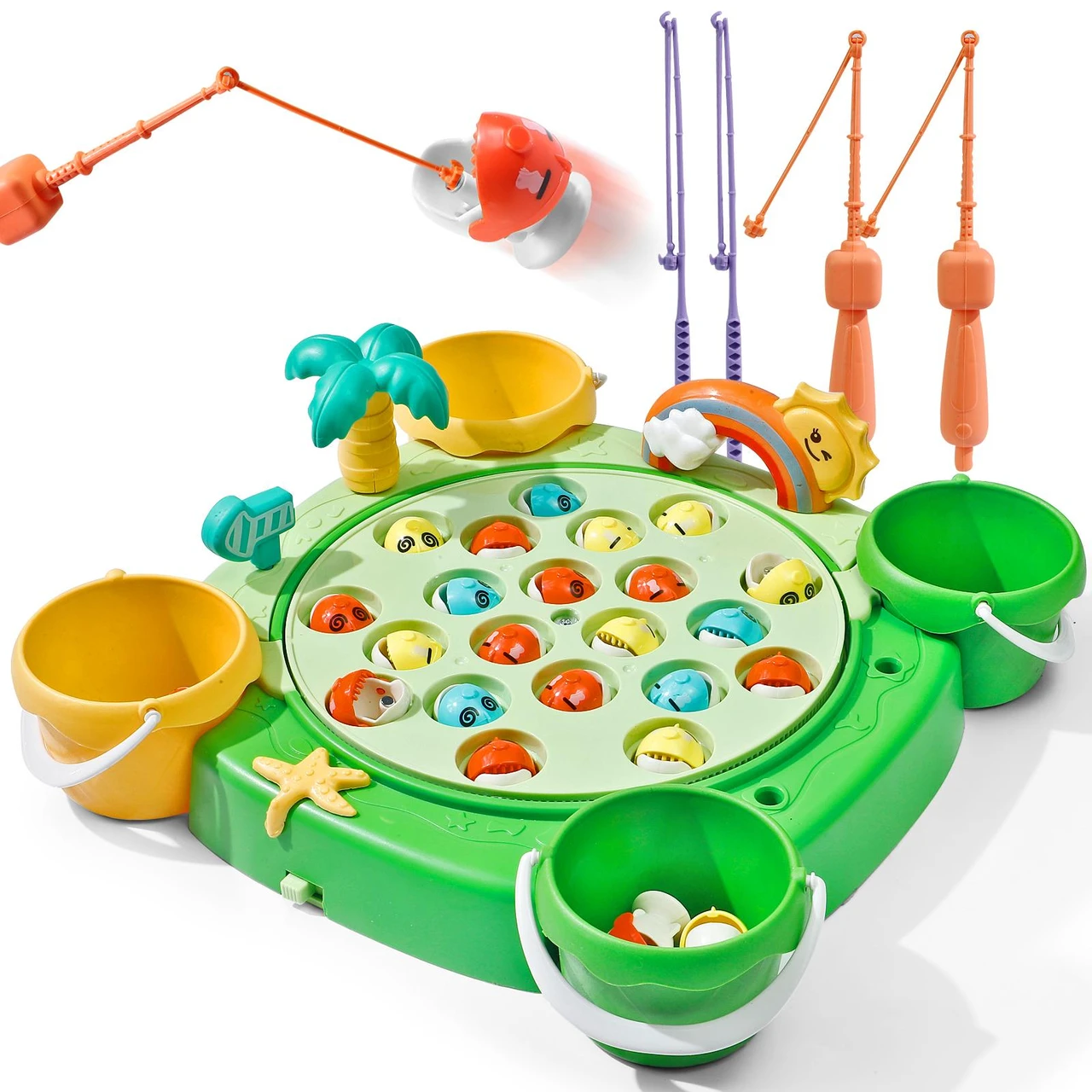Fishing Game Toy for Kids - 28 Fish, 4 Rods, 4 Buckets, Rotating Board with Music, Educational Fine Motor Skills Fishing Toy for Toddlers