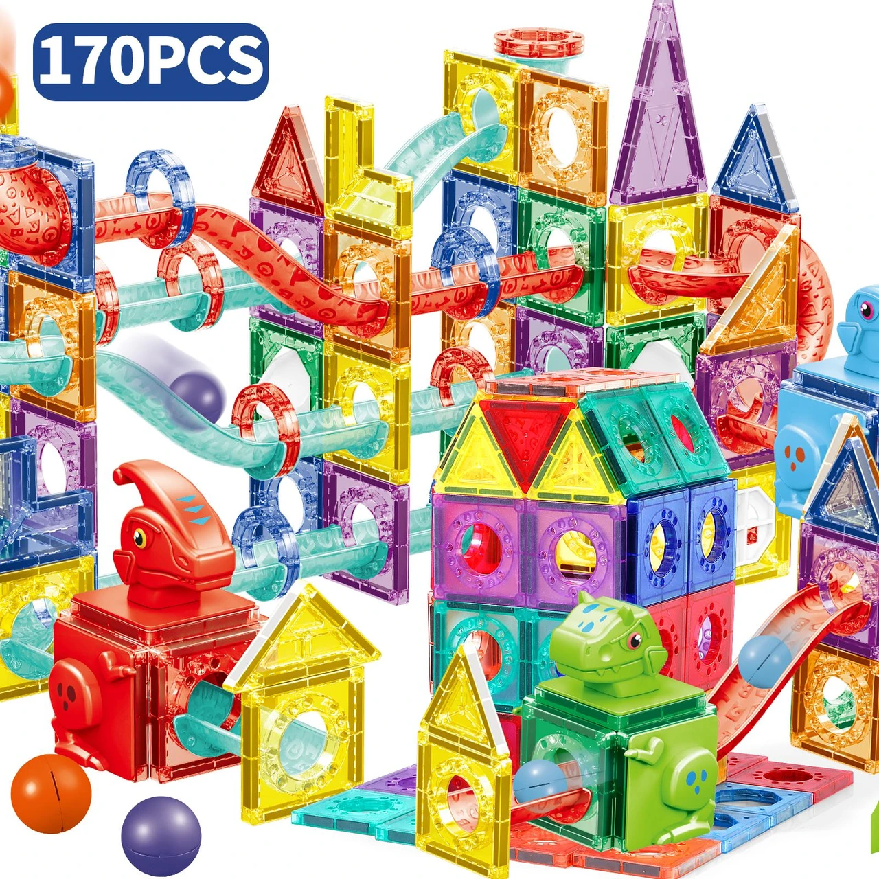 Dinosaur Race Track Magnetic Building Tiles for Kids - STEM Educational Construction Blocks, Montessori Magnet Tiles Set, 4D Diamond Cut Design