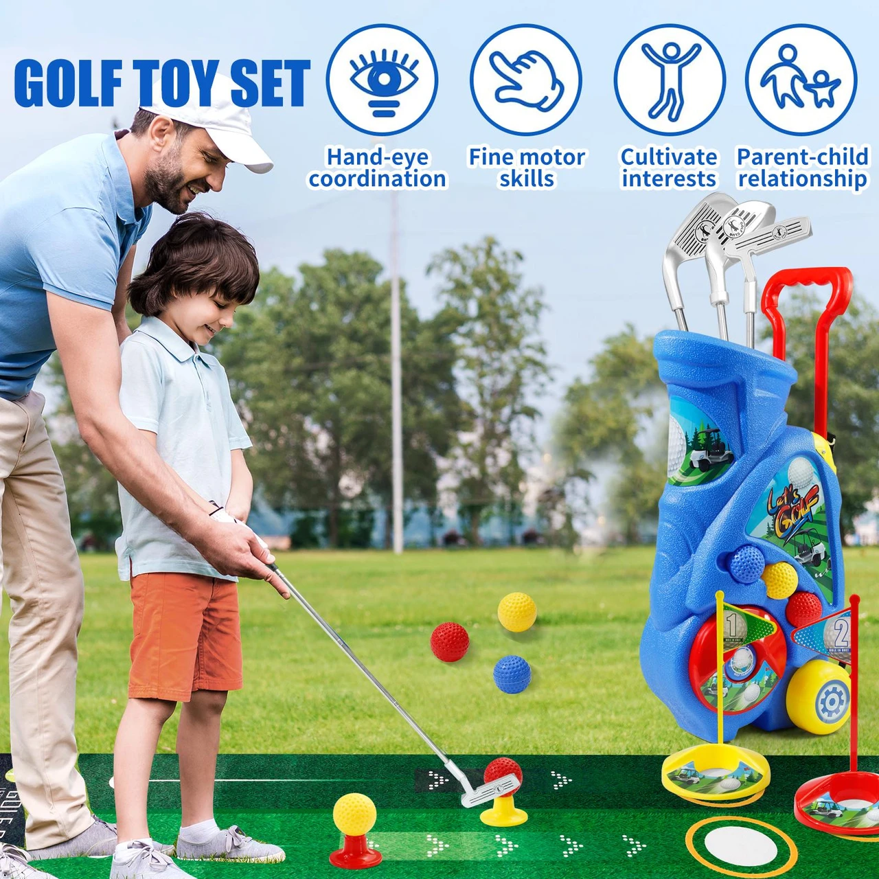 Kids Golf Set with Shoulder Strap Cart for Ages 2-5, Putting Mat, Outdoor/Indoor Play for Boys and Girls, Perfect for Developing Golf Skills and Coordination
