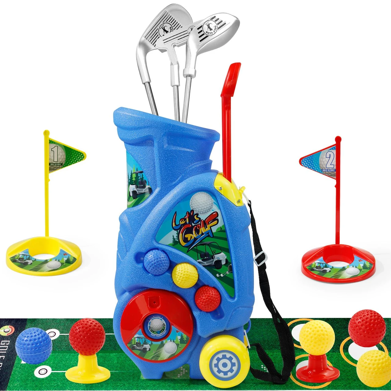 Kids Golf Set with Shoulder Strap Cart for Ages 2-5, Putting Mat, Outdoor/Indoor Play for Boys and Girls, Perfect for Developing Golf Skills and Coordination