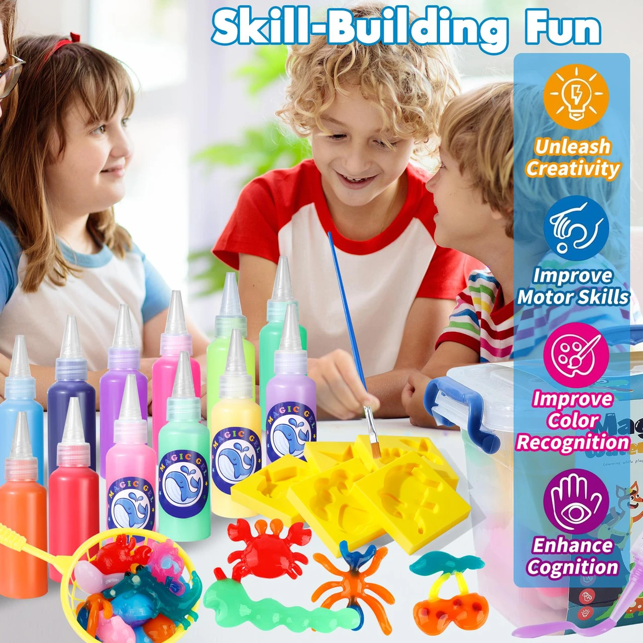 DIY 16 magical hues Elf Gel Magic Water  & 20 Molds Glow in the Dark Easily Make Squishy Water Pets A Creative Handmade Toy Set for Kids