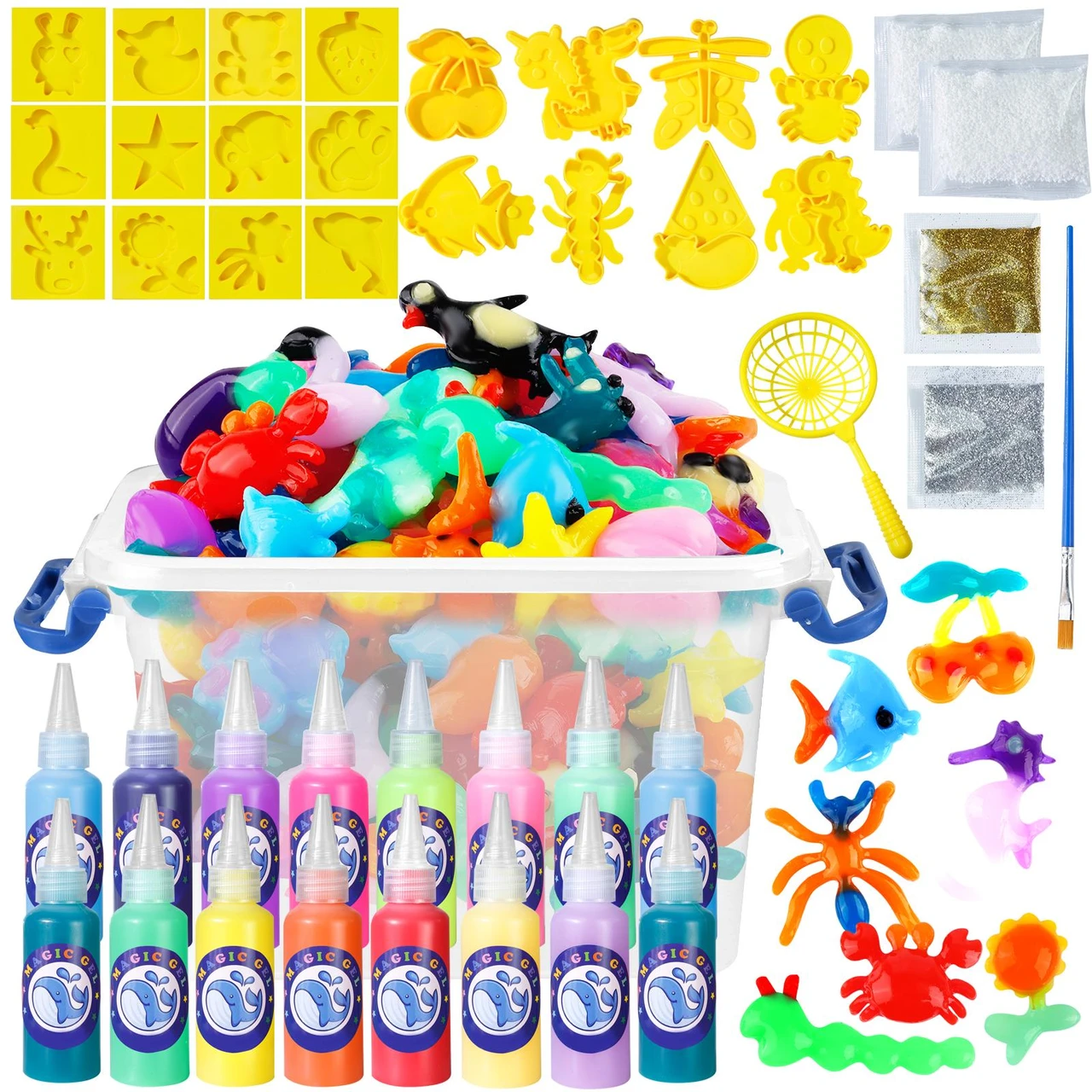 DIY 16 magical hues Elf Gel Magic Water  & 20 Molds Glow in the Dark Easily Make Squishy Water Pets A Creative Handmade Toy Set for Kids