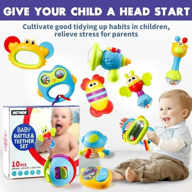 Baby Rattles 10PCs Infant Grab N Shake Rattle with Sensory Teether, Grips for Fine Motor Skills, Colors & Patterns for Eye Tracking, Newborn Gift