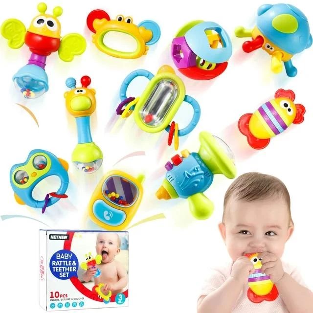 Baby Rattles 10PCs Infant Grab N Shake Rattle with Sensory Teether, Grips for Fine Motor Skills, Colors & Patterns for Eye Tracking, Newborn Gift