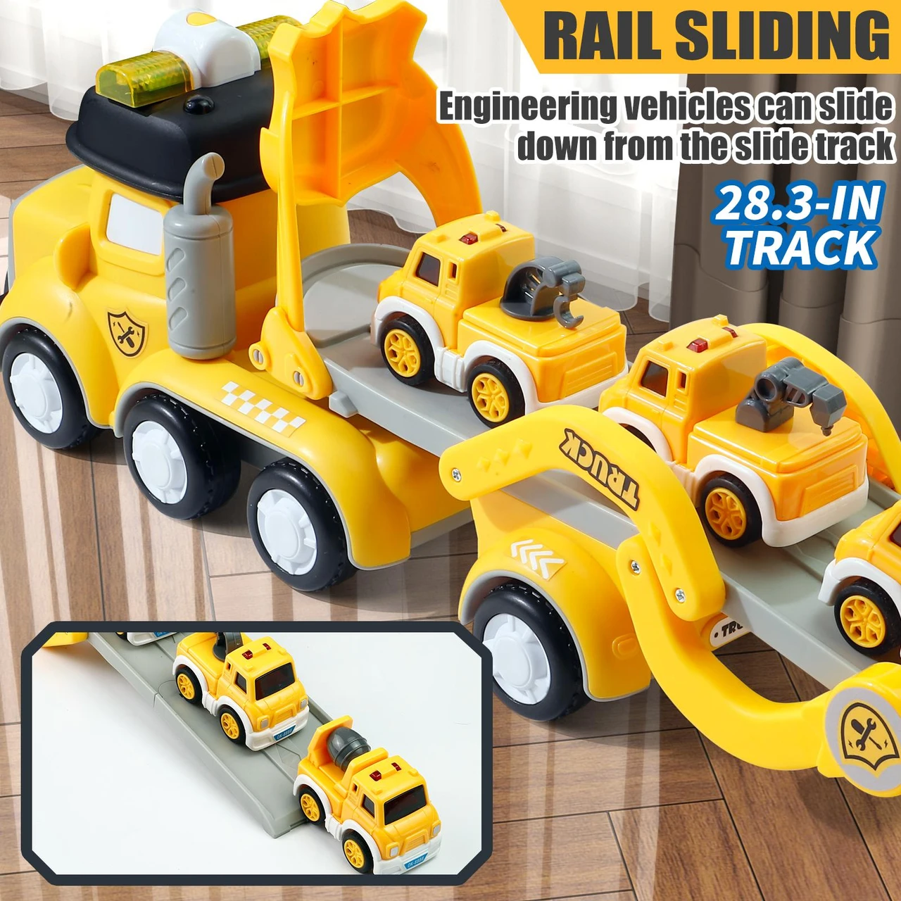 Toddler Construction Toys, 7-in-1 Engineering Transport Car with Play Mat, Die-cast Alloy Vehicles for Kids 3-9 Years, Perfect Birthday Party Gift for Boys & Girls 3-6 Years