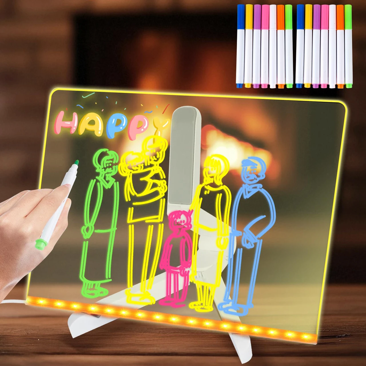 LED Note Board with Colors, 11.8"X8" 4 Modes & 7 Colors Acrylic Dry Erase Board with Light, Include Adapter, Hanging Chain, Led Drawing Board for Kids with Stand, 7 Markers